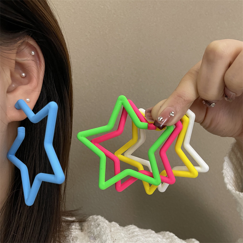 2025 New Super Large Five-Pointed for Women S Sier Needle Dopamine Candy Colorful Star Hoop Earrings