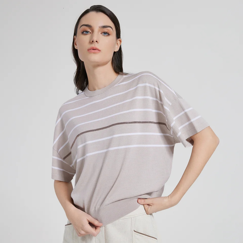 1139 High Quality Summer Loose Striped Knitted Sweater 30% Silk 70% Merino Wool for Women 250728