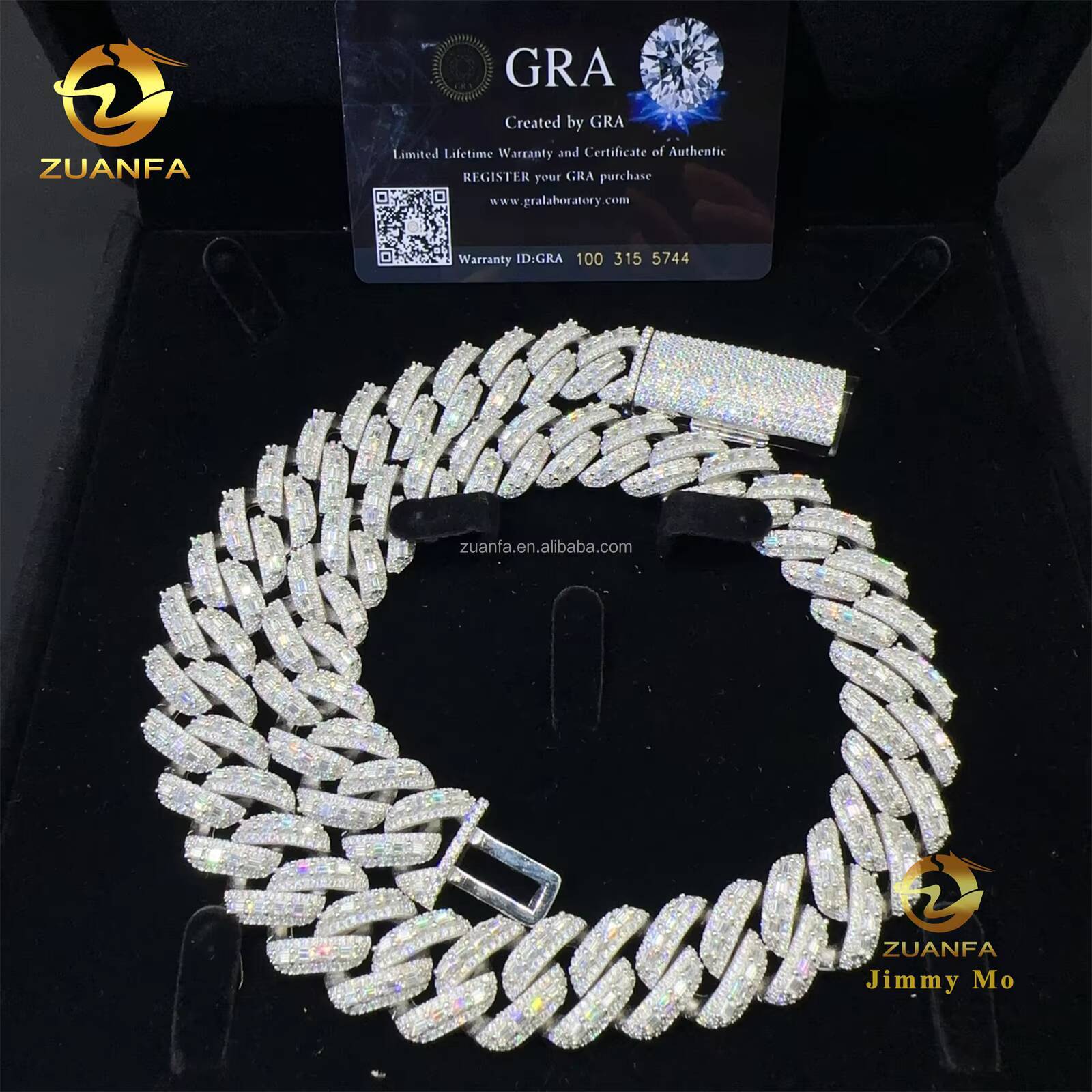 18mm Three Row Stone Luxury Rapper Jewelry 925 Solid Silver Iced Out Hip Hop Baguette Moissanite Diamond Miami Cuban Link Chain