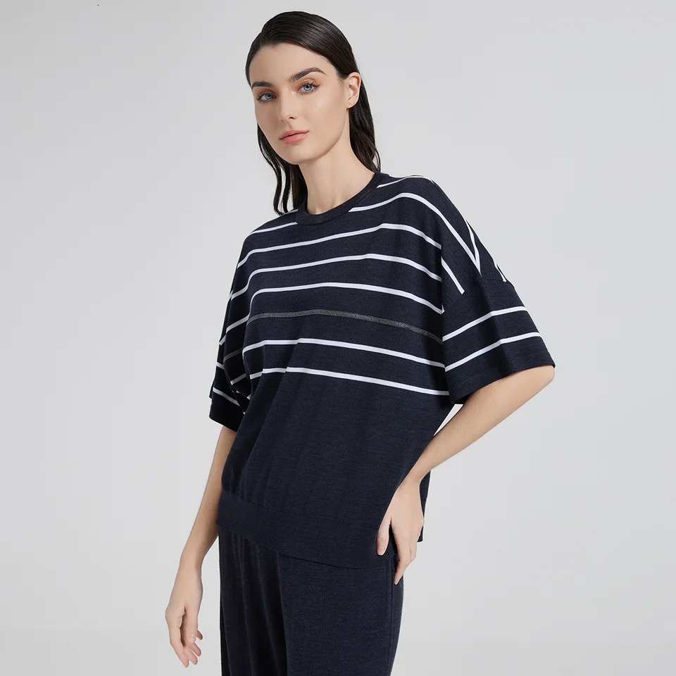 1139 High Quality Summer Loose Striped Knitted Sweater 30% Silk 70% Merino Wool for Women 250728