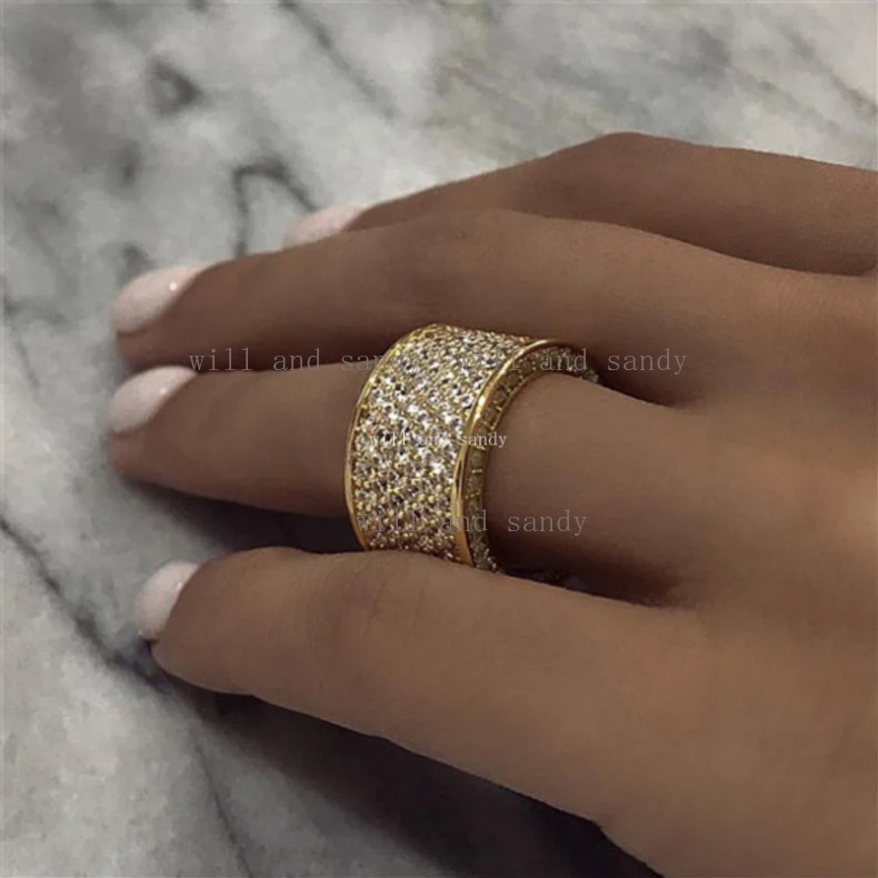 18K Gold Plated Ice Out Cubic Zirconia Ring Band Designer Rings Sterling Silver Charm Finger Tail Rows Diamond Gold Rings for Woman Men Luxury Jewelry