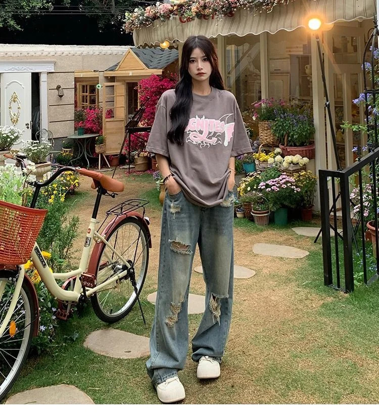 Vintage Hole Y2k Womens Jeans High Waisted Wide Leg Loose Straight Hiphop Street Wear Floor Length Denim Pants 250717