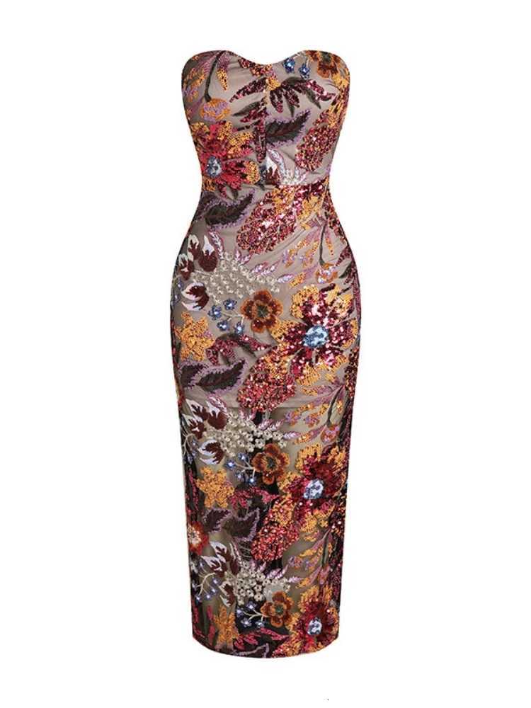 New Sexy Strapless Floral Sequin Long Dress Women Sequins Flower Backless Long Slim Dress Evening Party Runway Gown Dress Z250728