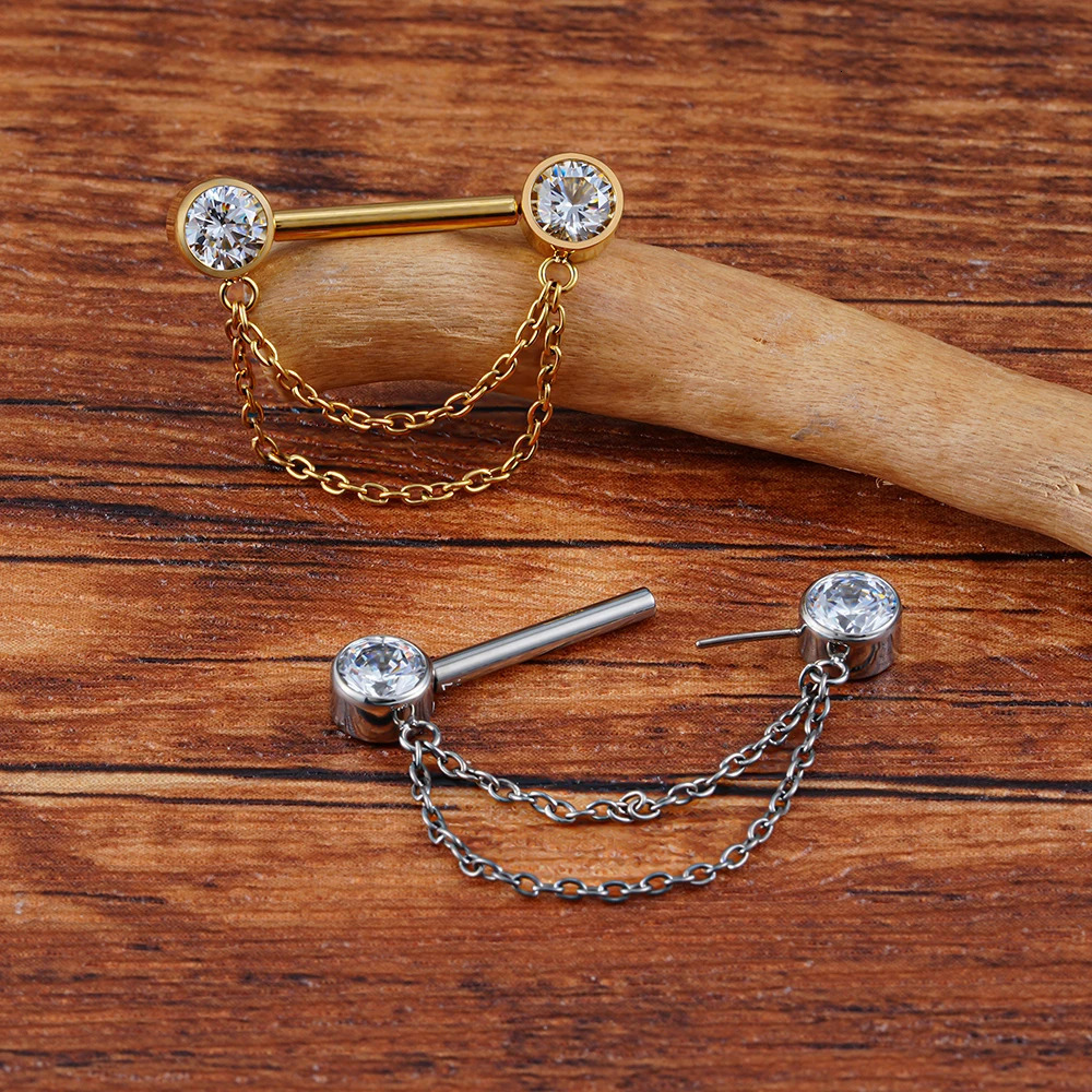 Right Grand ASTM 36 Double Chain Dangle Sparkle CZ Threadless Nipple Ring 14 Gauge Barbell Piercing 250722