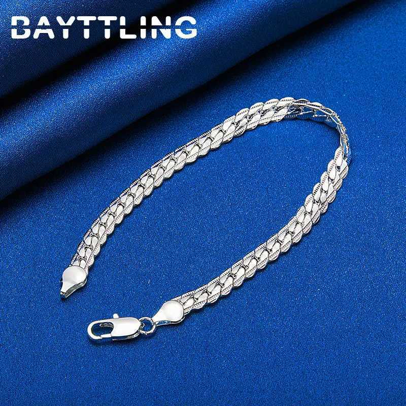 925 Sterling Silver 18K Gold 8 Inches 6MM Side Chain Bracelet For Women Fashion Charm Men Jewelry Gift Accessories W250728