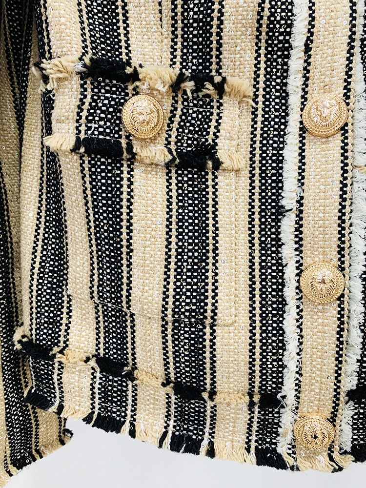 HIGH STREET est AW ner Outerwear Womens Elegant Yellow Black Striped Tassel Fringed Tweed Jacket 250728