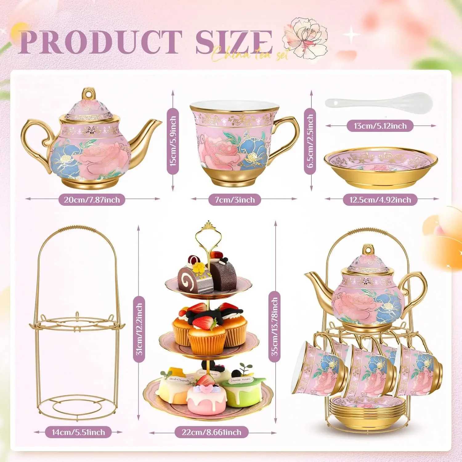 21pcs Set with Metal Holder and Cupcake Stand Ceramic Tea Pot Cups Saucers Cupcake Tier Tower European Tea Set for Women Girls X250728