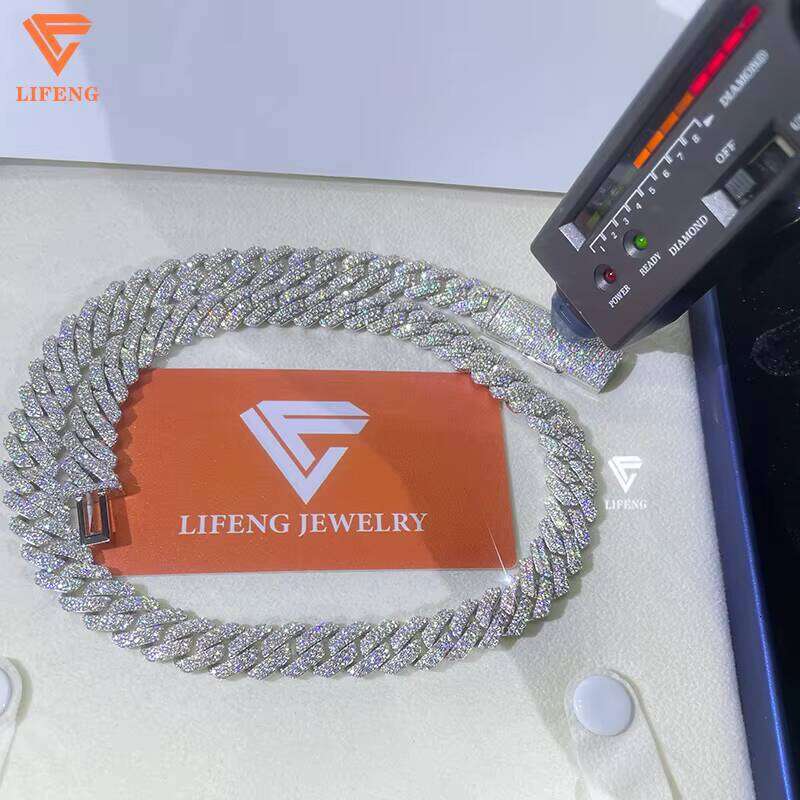 VVS Fine Jewelry Men's 10-12mm Cuban Link Chain Necklace White Gold Plated Sterling Sier with Moissanite Hip Hop Style