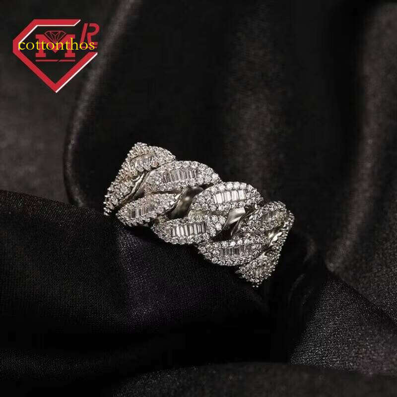 13mm Long Stick Bread Men's Cuban Pure Silver Iced VVS Hip-Hop Moissanite Ring