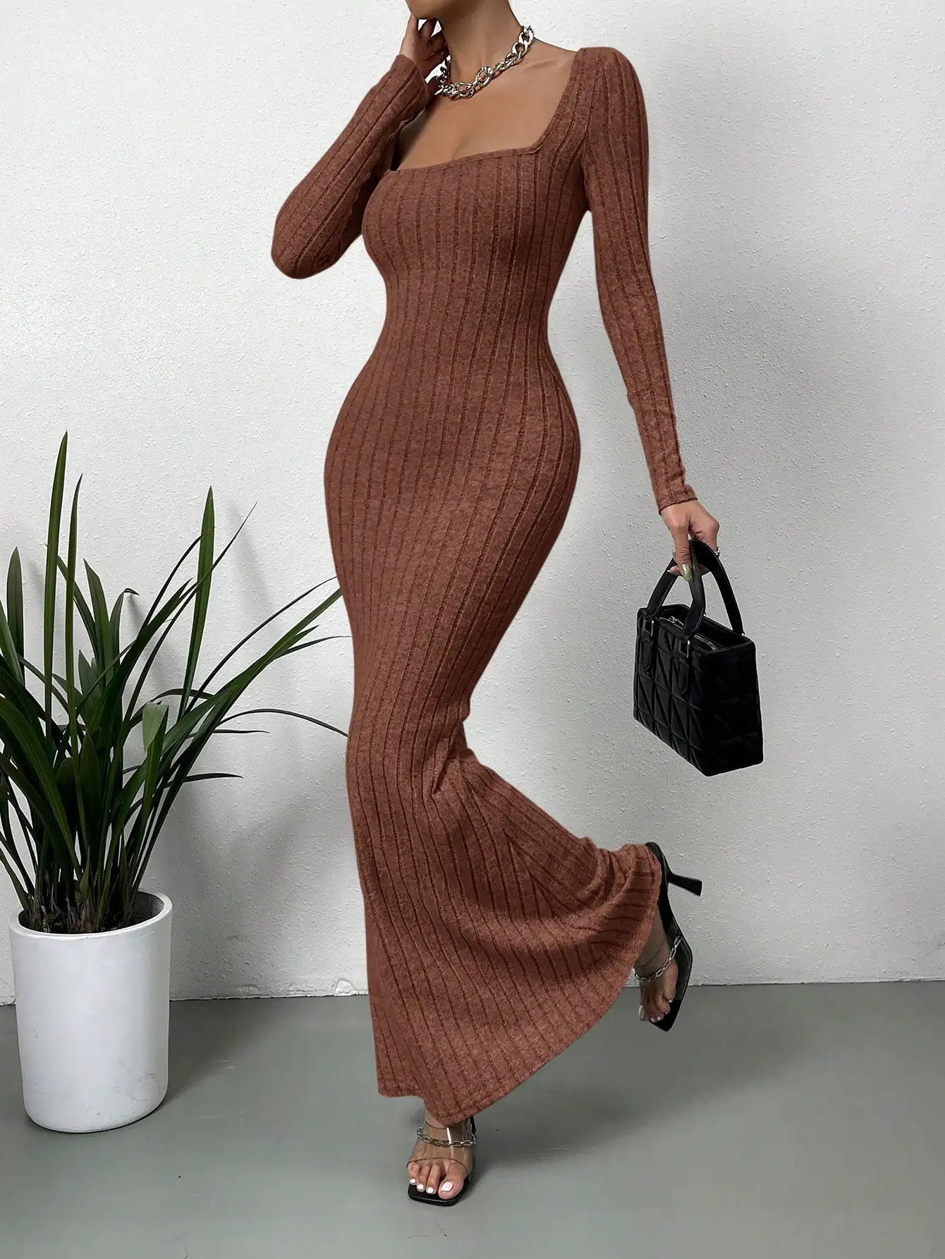 Autumn and Winter Square Collar Slimming Waist n Fashion Sense Knitted Womens Dress 250728