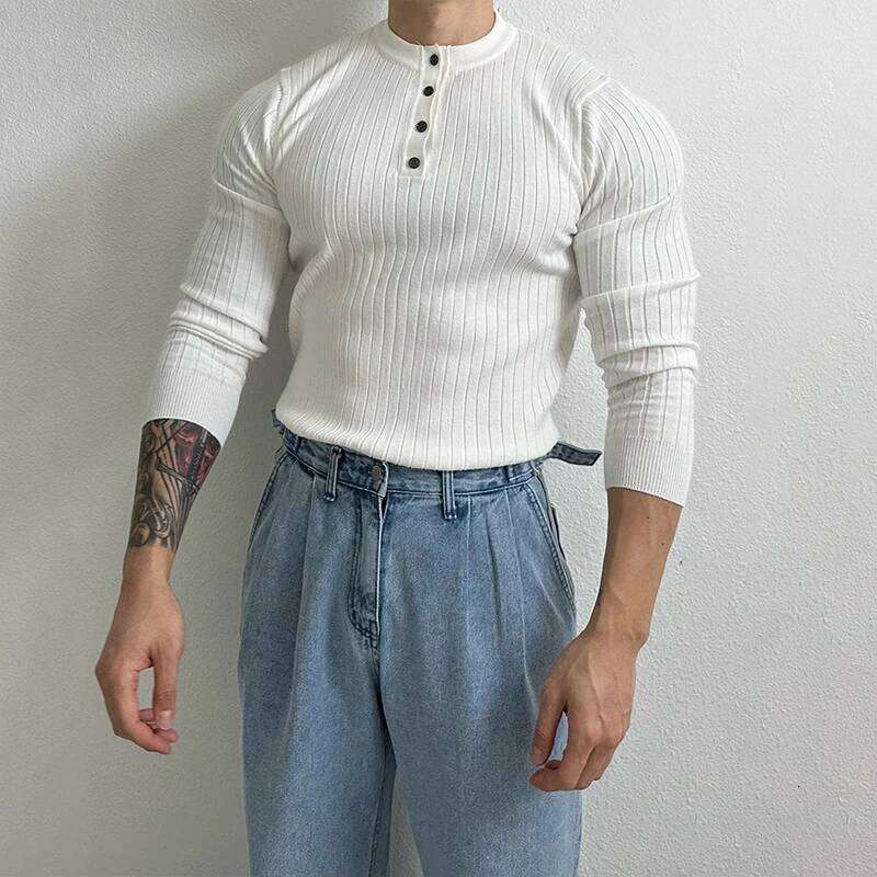 Autumn Clothing Men's Light Knit Korean Popular Henry Collar T-shirt Button-down Long Sleeve Retro Leisure Knitwear
