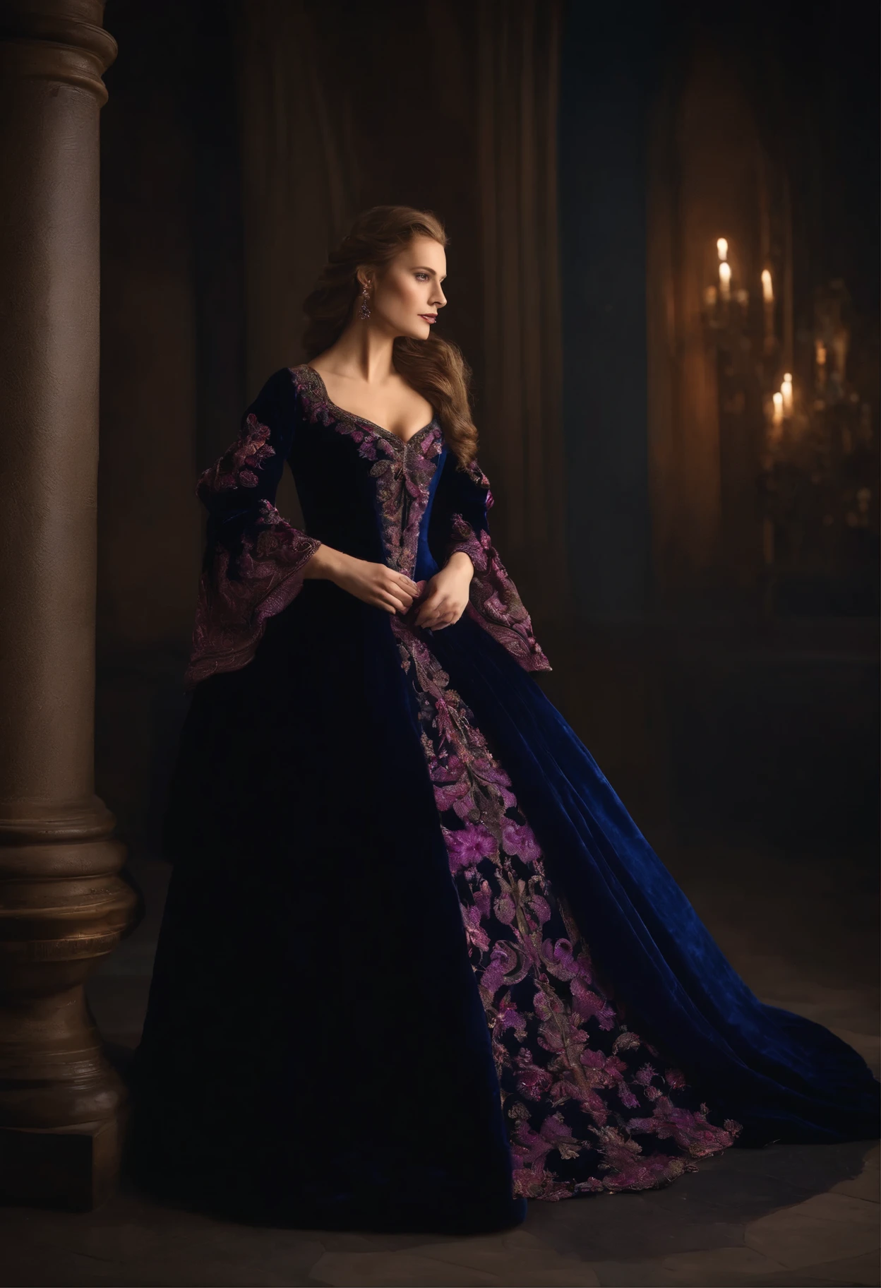 Historical Renaissance Prom Dresses Deep Midnight Blue Velvet Special Occasion Gown With Purple Lace Applique Flare Sleeves A-line Vintage Chic Evenin
