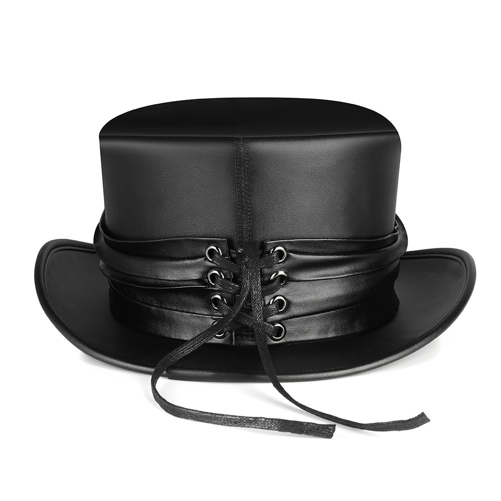 Halloween New Magic PU Leather Round Top Hat Punk Party Stage Performance Costume Accessories ddmymoon