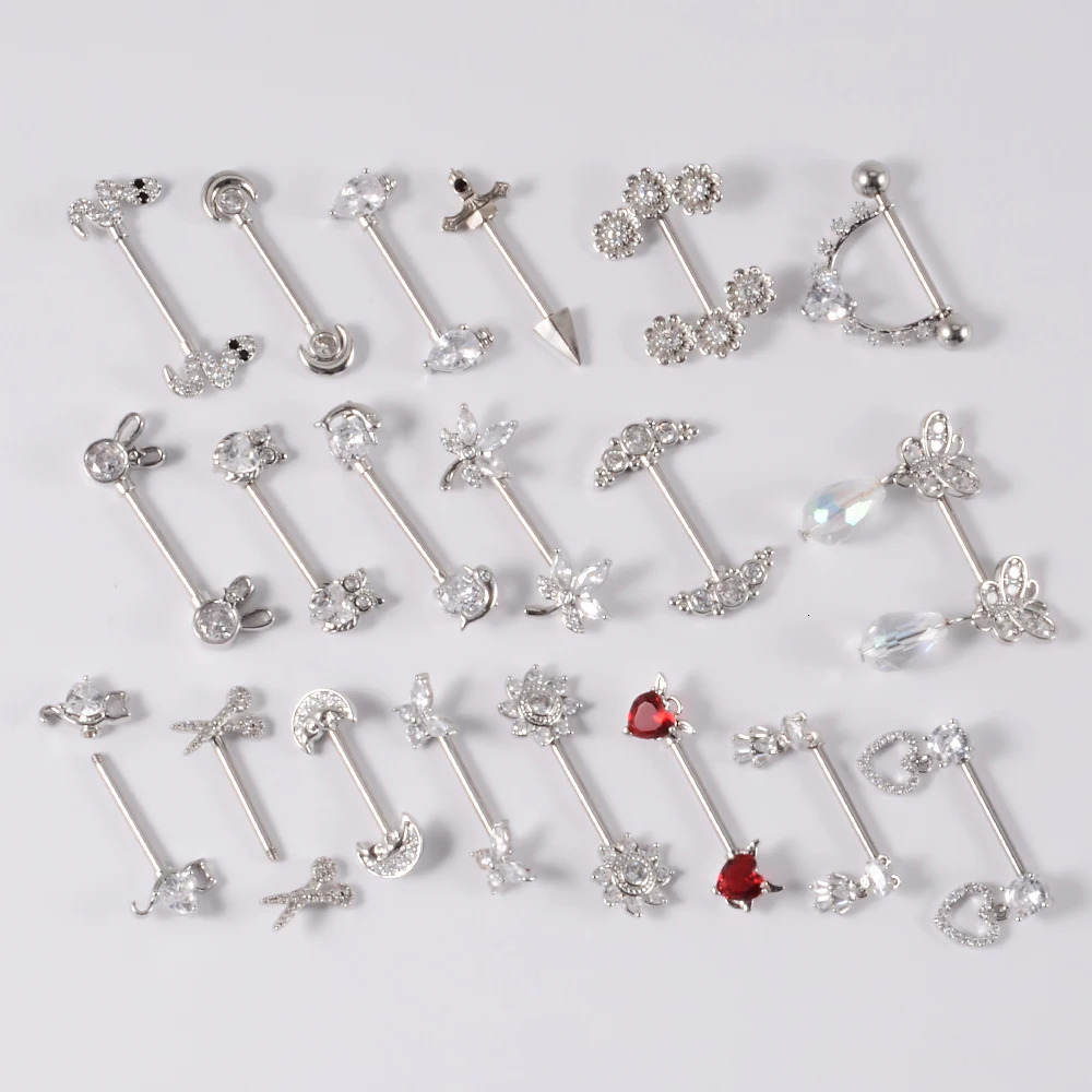 Pair Sword Cross Nipple Piercings Barbell Steel Crystal Nipple Shield Cover Heart Flower Nipple Rings Jewelry Body 14G 250722