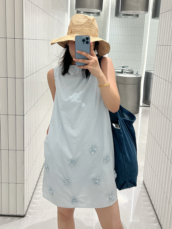 F7283 Blue cotton blended pleated vest skirt