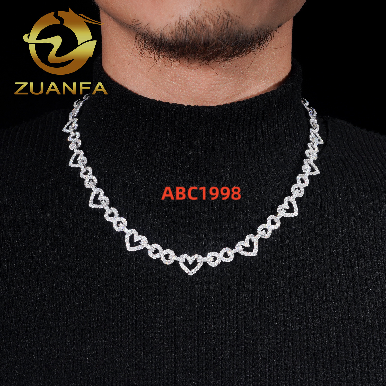 Passed Diamond Tester Heart 12mm Sterling 925 Silver Moissanite Chain Link Cuban Hip Hop Jewelry for Men Women Choker Necklace