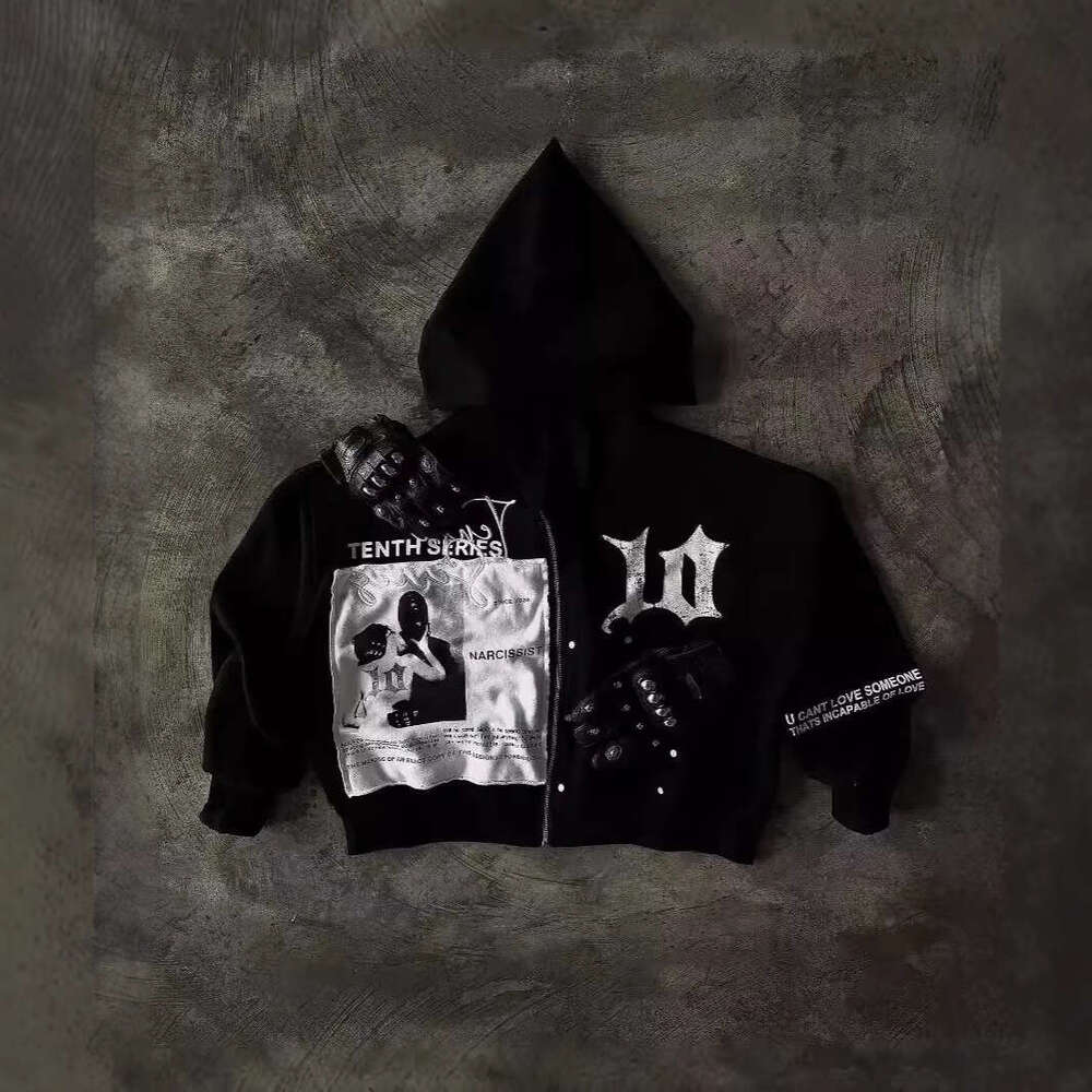 2025 New Trendy Brand Casual 103D Digital Print Five-Pointed Star Zipper Cardigan Short Hooded Sweatshirt Loose Jacket