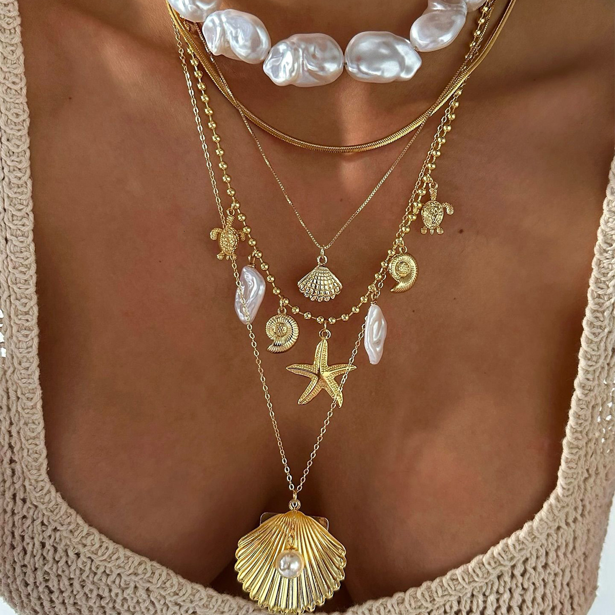 Bohemian Irregular Pearl Light Niche Ocean Style Starfish Shell Pendant Necklace for Women Jewelry for Women