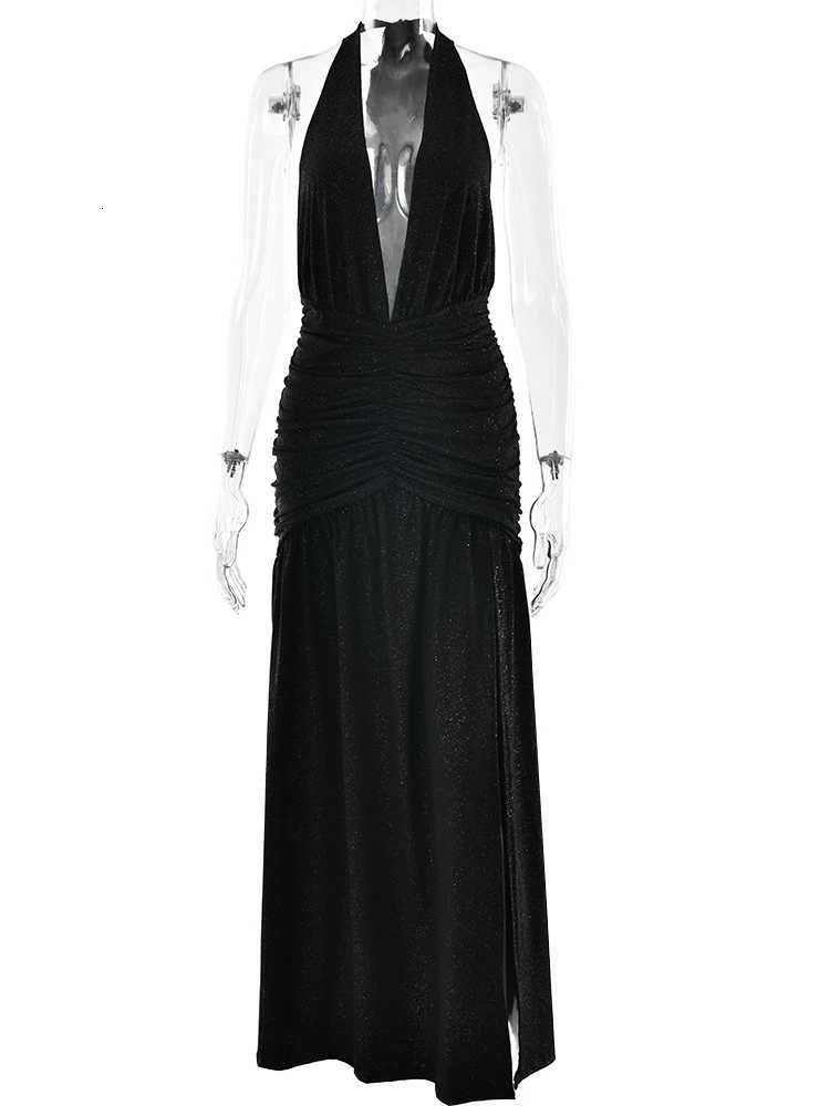 Julissa Mo Glitter Bright Silk Deep V-neck Women Maxi Dress Khaki High Slit Halter Dress Spring Slim Elegant Party Evening Dress Z250728