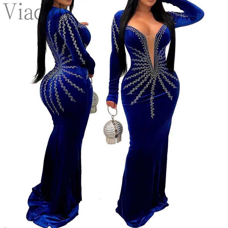 Women Sexy Velvet Mesh Rhinestone V-Neck Floor-Length Evening Party Dress Long Sleeve Back Zipper Mermaid Dresses Z250728