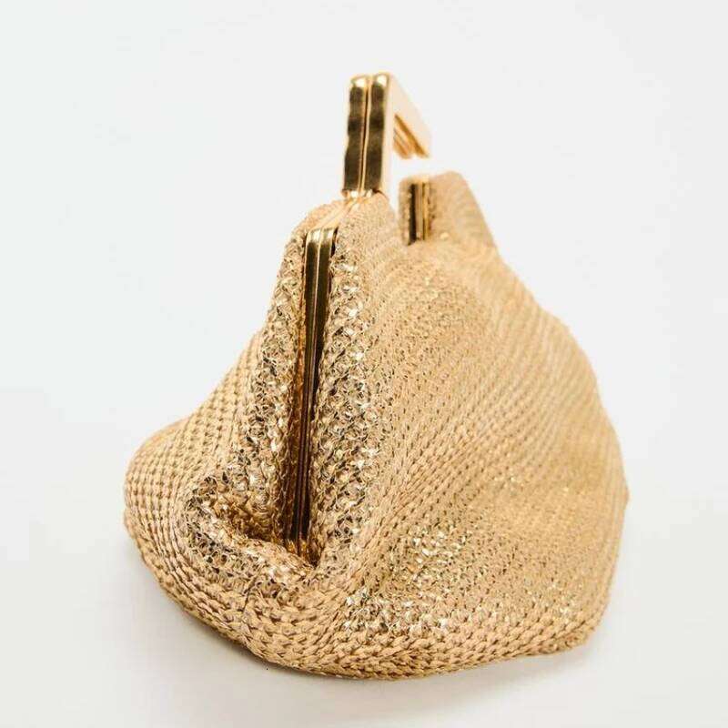 GOLD BAG WITH METAL HANDLE, Woven Handbag for Women, Designer Evening Dress Bag, New Fashionable Women's Metal Clutchs