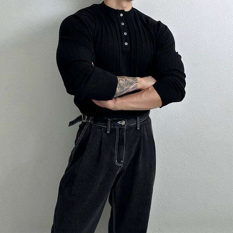 Autumn Clothing Men's Light Knit Korean Popular Henry Collar T-shirt Button-down Long Sleeve Retro Leisure Knitwear