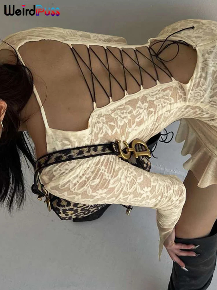 Weird Puss Lace Patchwork Dress Woman Summer Sexy See Through Bandage Backless Ruffles Long Sleeve Irregular Hem Skinny Bodycon 250728