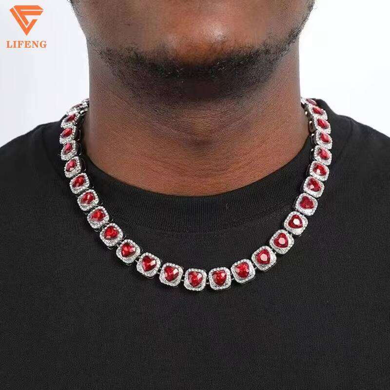 Fashion Jewelry Men Women 13mm Iced Out Red Heart Love Tennis Chain Necklace Gold Plated Moissanite Dia Stone Hip Hop Style