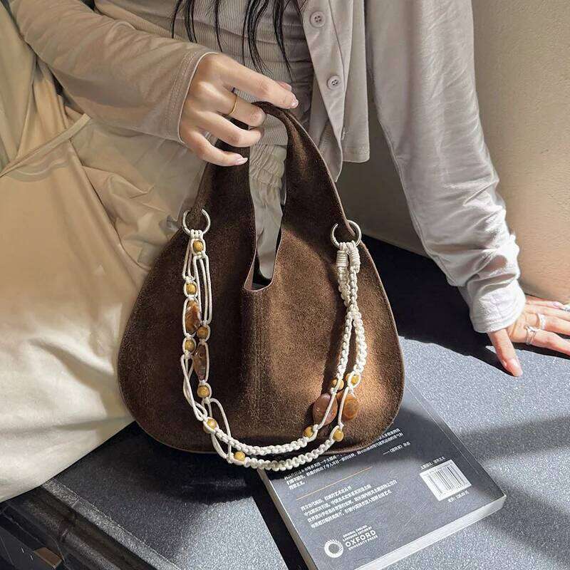 2026 Autumn Collection Beads Straps Women Crossbody Bag Triangle Advanced Feeling Basket Tote Suede Cow Leather Handbag