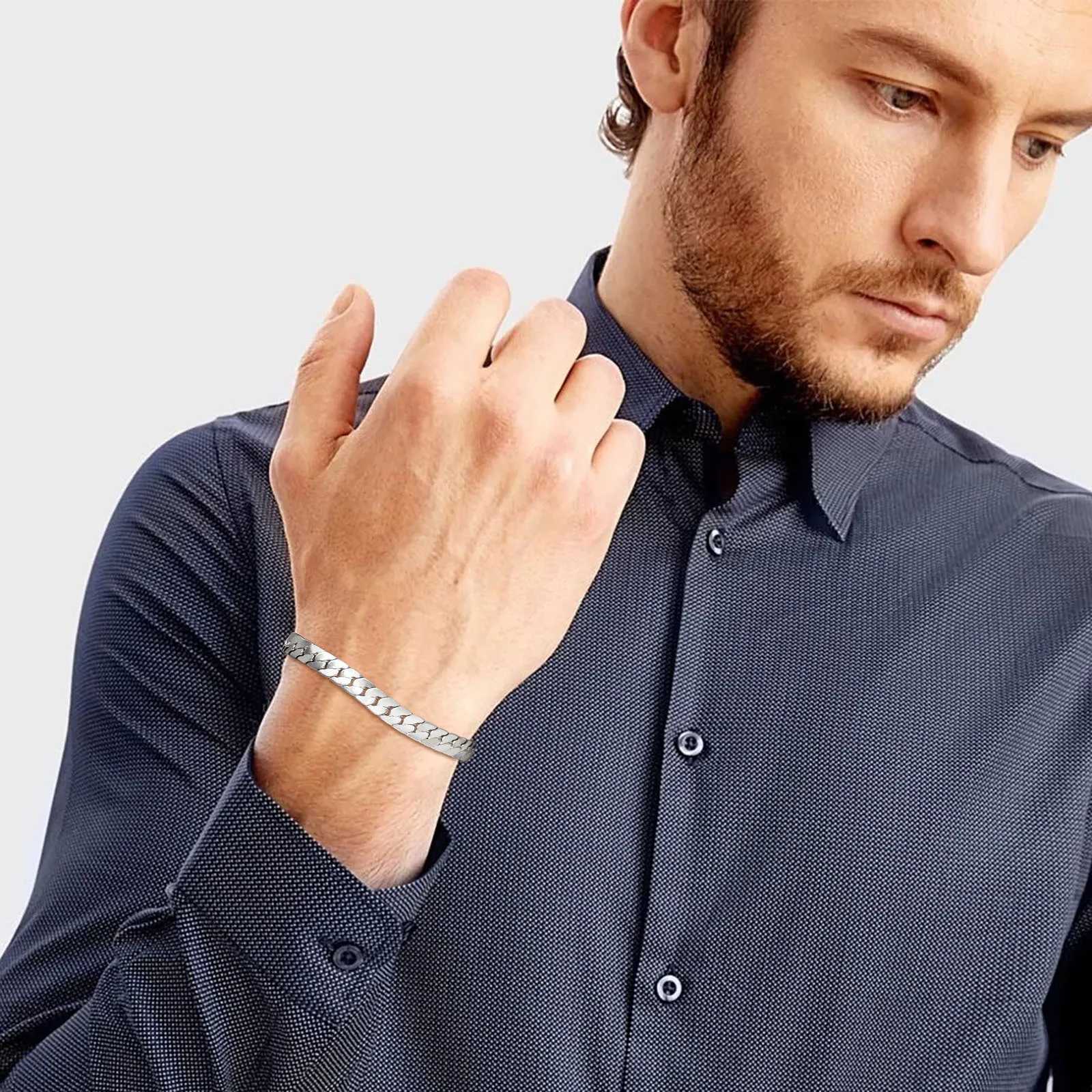 Flat Cuban Chain Bracelets for Men Boys Stainless Steel Adjustable Chain Links Wristband Stylish Men Accessories Jewelry Gifts W250728