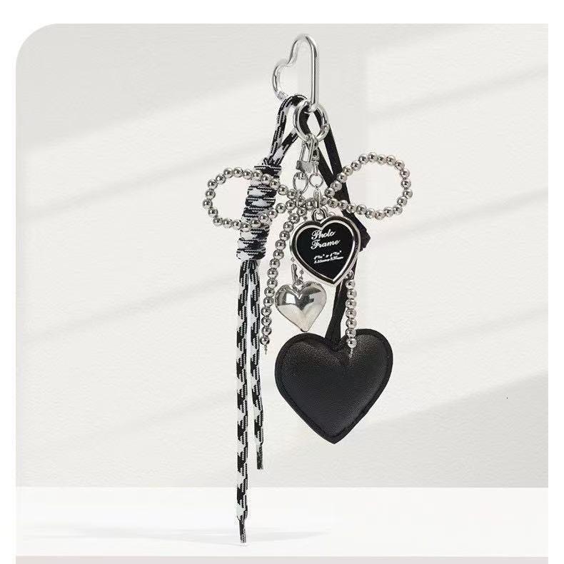 Cute Girly Heart Silver Bead Bowknot Miu Style Bag Pendant Leather Heart Super Beautiful Keychain Ornament 250726