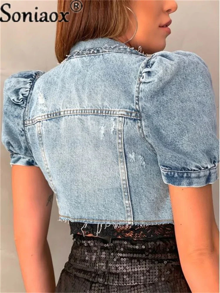 Fashion Women Streetwear Jean Coat Cropped Outerwear Jacket Female Tops Single Breasted Ripped Short Sleeve Denim Jackets 250728