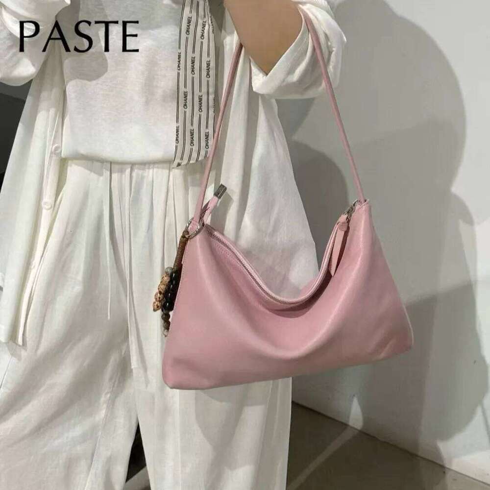 New All-match Lightsome Design Thin Armpit Shoulder Bag Yellow Pink Color Genuine Cow Leather Women's Handbag with String Beads
