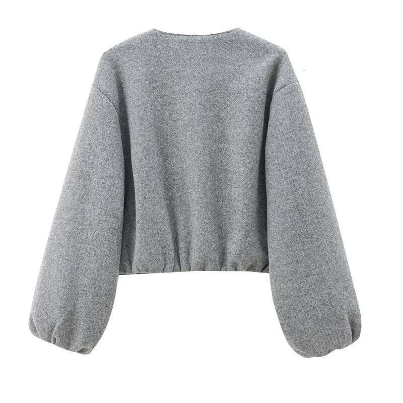 TRAF Outerwears Cropped Bomber Jacket Women Autumn Long Sleeve Faux Wool For Woman Winter Zip Up Gray Beige Short Coats