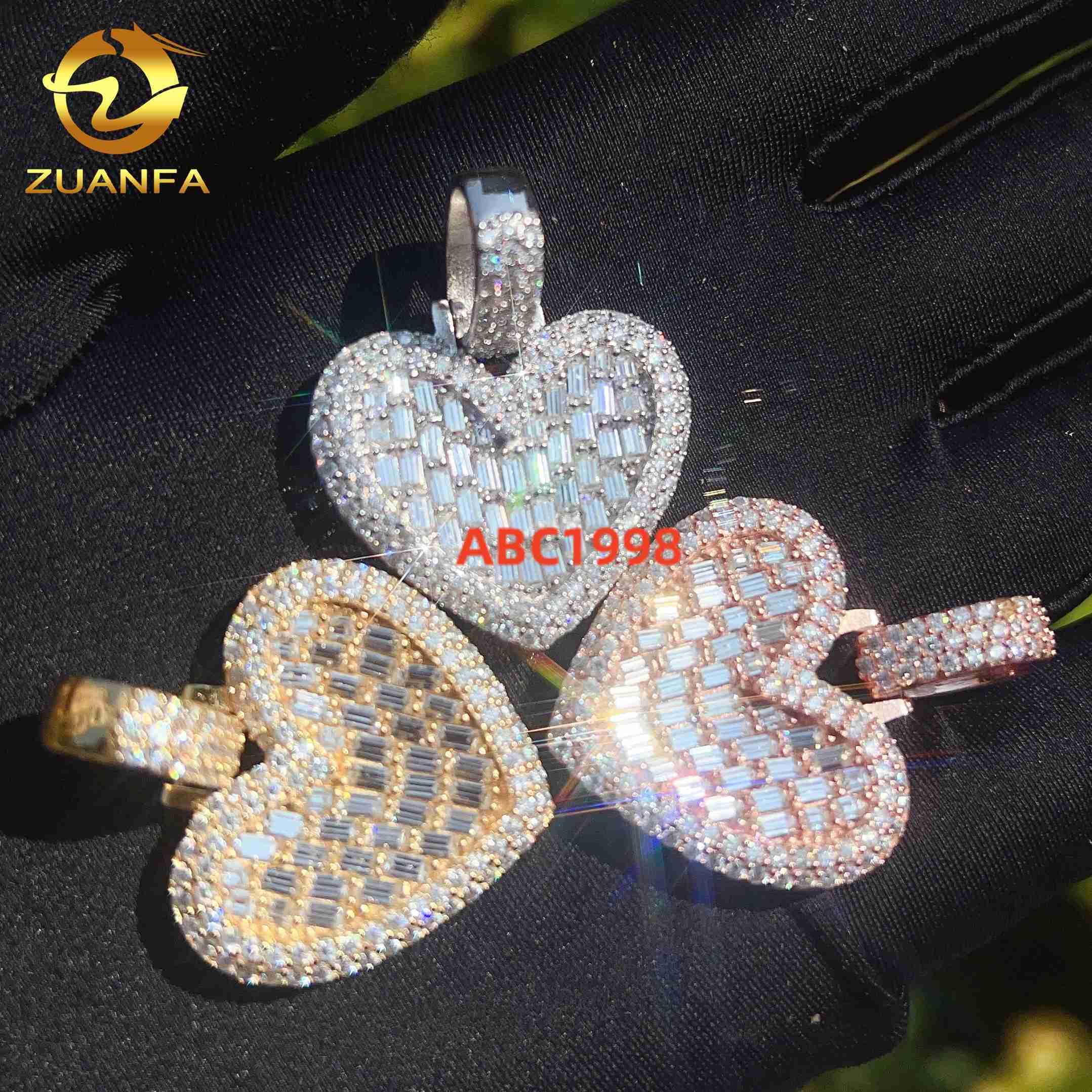 Custom Hip Hop VVS Moissanite Diamond Pendant Fine Jewelry in Sterling Silver 925 Iced Heart Pendant