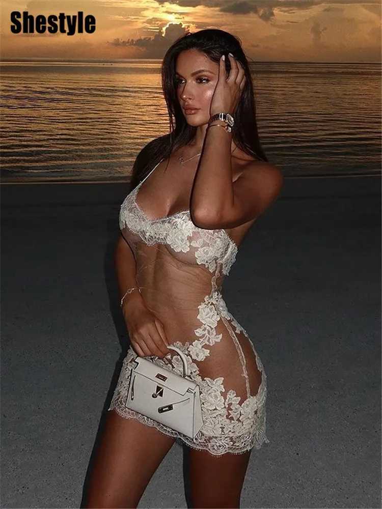 Shestyle Lace Transparent Mini Dress Sexy Women Wrapping Spaghetti Embroidery Flower Sheath Nightwear Club Mesh Wave Fantasy Z250728