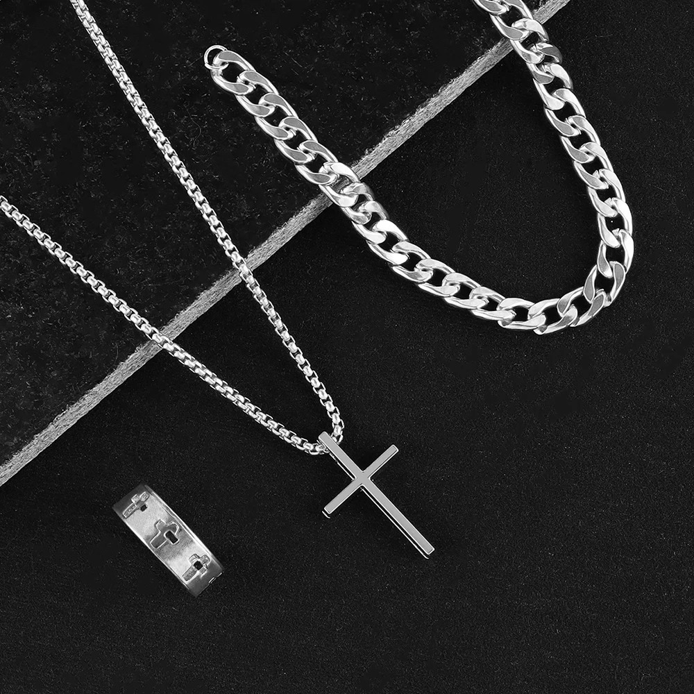 3pcs Set Mens Stainless Steel Metal Cross Pendant Chain Necklace Bracelet Ring Jewelry Male Hip Hop Daily Wear Accessories 250715