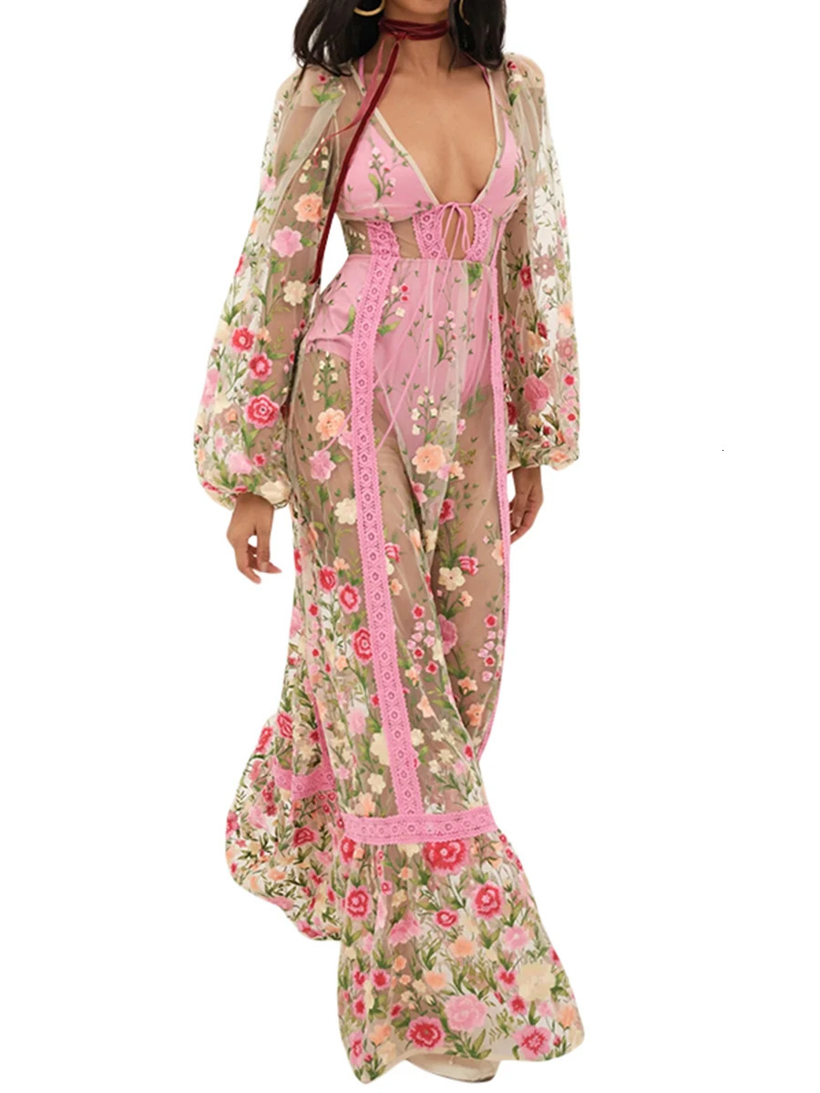 Womens Summer Long Beach Dress Sleeve V Neck Backless Floral Bikini CoverUp 250728