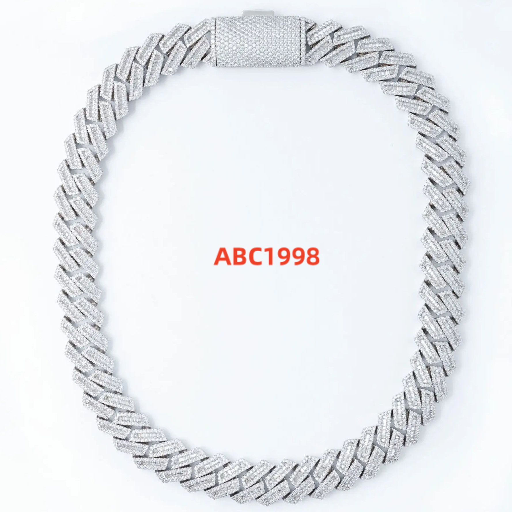 Custom 14k White Gold Plated Cuban Link VVS Moissanite Chain IGI Certified Pass Diamond Tester Round Baguette Cut Fine Chain