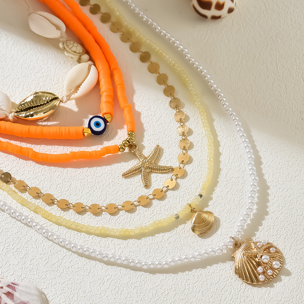 Layered High-End Ins Style Shell Necklace Irregular Colorful Soft Clay Pearl Starfish Collarbone Chain Jewelry for Women