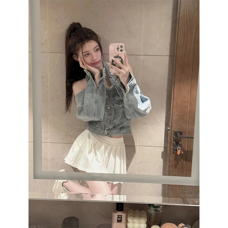 Y2K Cropped Denim Jackets Women Vintage Slash Neck Jeans Coat Streetwear Sexy Halter Long Sleeve Casual n Outerwear Tops 250728