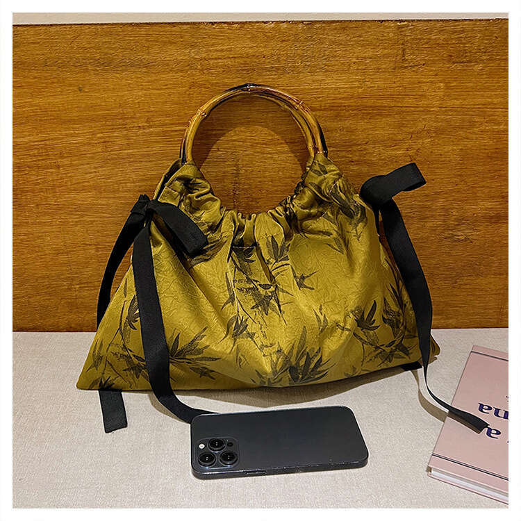 Golden printed dumpling bag, ancient style cheongsam banquet handbag, bamboo handle printed shoulder bag