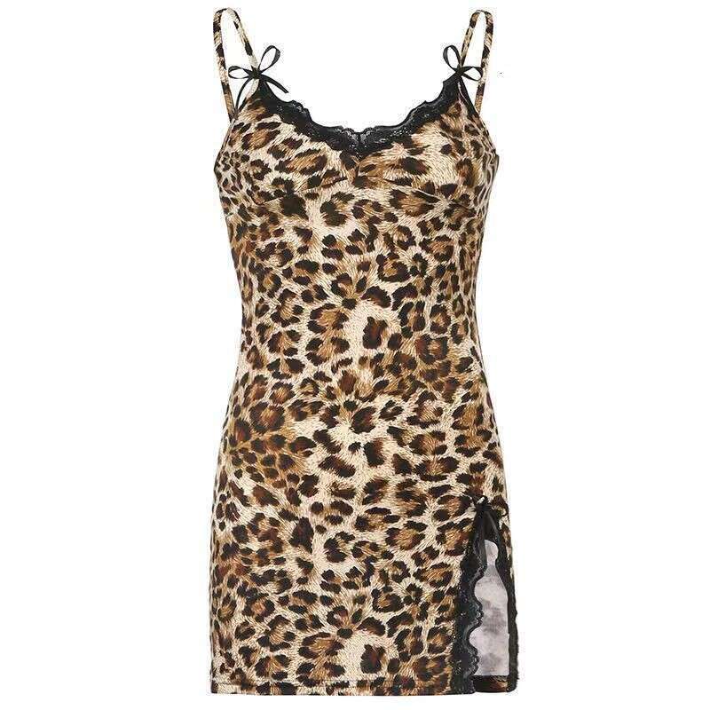 Leopard print camisole lace dress sexy nightclub spicy girl dress date vacation slim fit hip hugging skirt