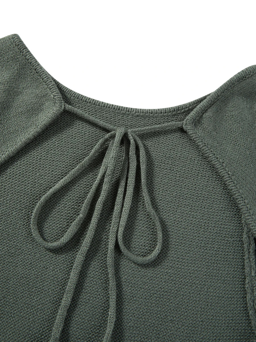 Womens Autumn Winter Knitted Bodycon Dress Long Sleeve Tie Backless Round Neck Solid Color Ruffle Trim Beachwear w250728