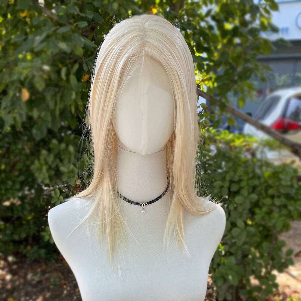 Light Blonde Shoulder Length Lace Front For Women Human Hair Glueless Middle Part Synthetic Wigs 150% Density Natural