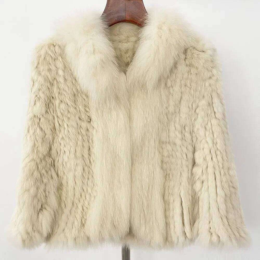 Autumn Knitted Shawl Fox Collar Jacket 2024 Winter New Natural Real Rabbit Fur Coat