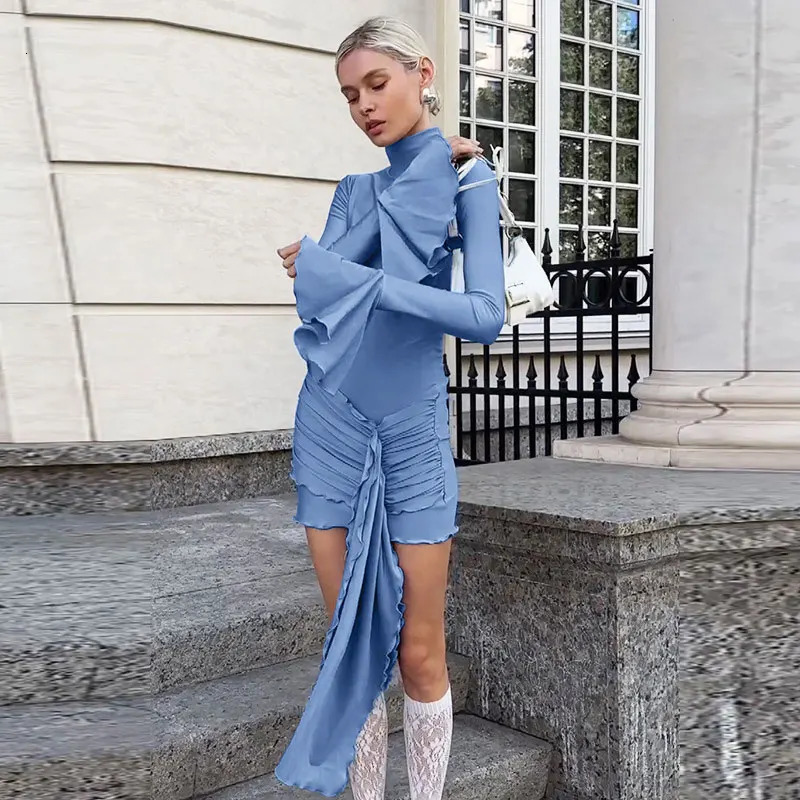 Autumn Mini Dresses Women Fashion Turtleneck Long Sleeves Casual Slim Dress Solid Sexy Elegant Female Knitted Clothing 250728