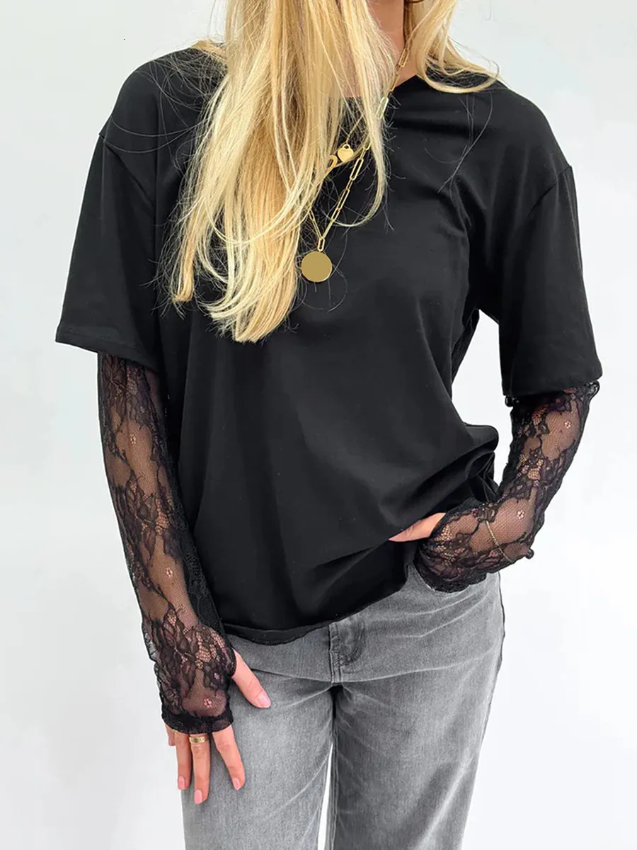 Women Round Neck TShirt Lace Long Sleeve Casual Shirts Spring Fall Loose Fit Tops Ladies Solid Color Tee for Streetwear Y2K 00s 250728