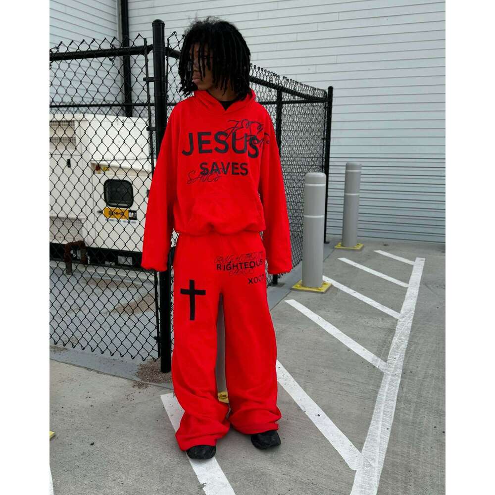 International Station Letter Print Hoodie Set Unisex Loose Fit Hooded Sweatshirt