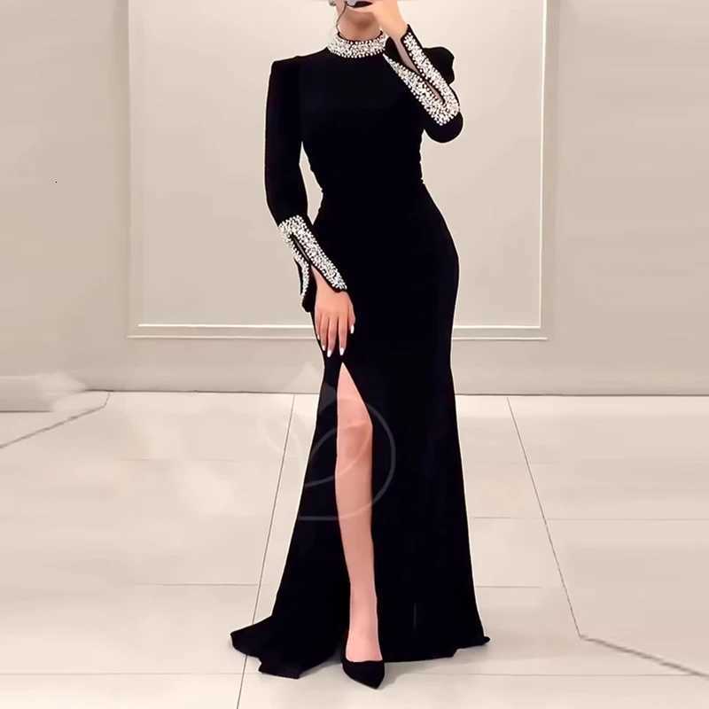 Womens Spring Long Sleeved Slim Banquet Dress Casual Rhinestone Patchwork Dresses Elegant Half High Neck Waist Wrap Hip Dress Z250728